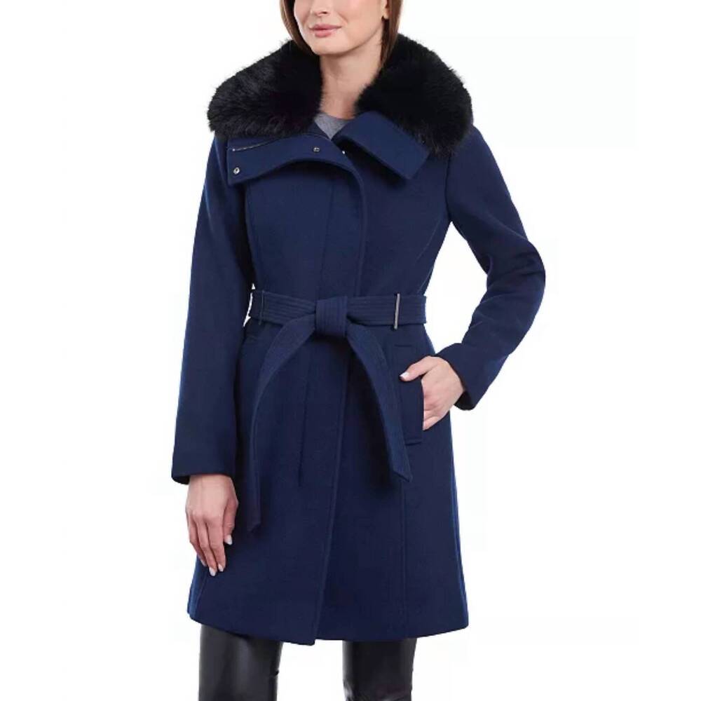NEW MICHAEL KORS wool blend belt faux fur coat in midnight blue